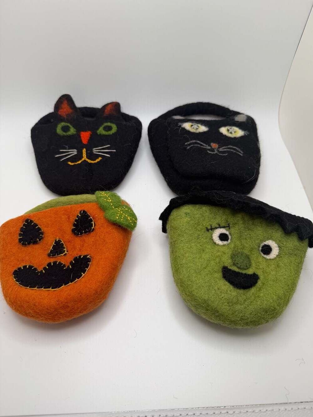 Halloween Felt Treat Bags Set of 4 Cat Pumpkin Frankenstein 6” Candy Baskets
